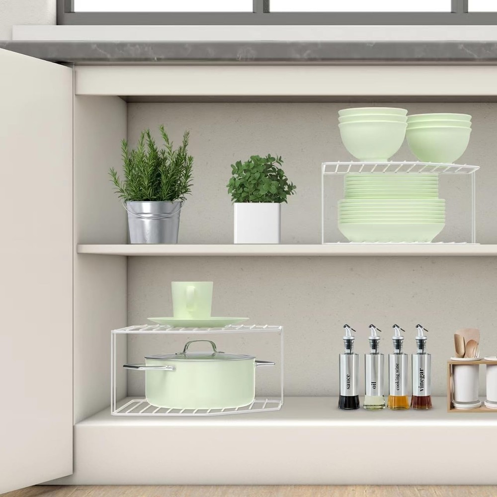 2Pcs 2-Tier Corner Stackable Organizer Shelf for Kitchen - Cabinet Storage Sh...