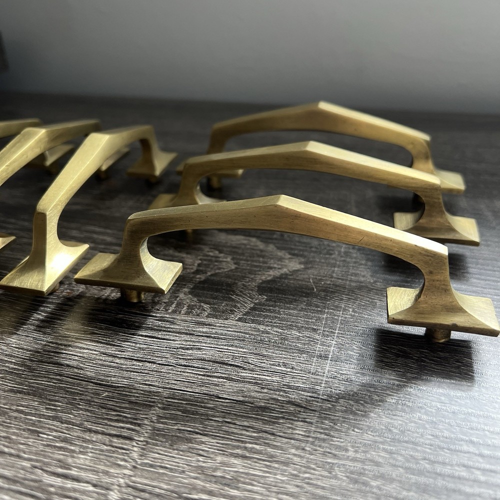 Set Of 6 Vintage Geometric Brass Angular Cabinet Pulls 4-1/16”CC