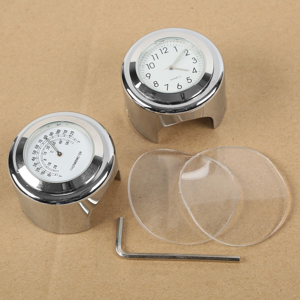7/8'' 1'' Motorcycle Handlebar Mount White Dial Clock & Thermometer Temp