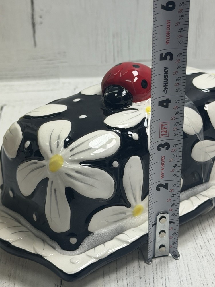 Black White Daisy Butter Dish Ceramic Ladybug Farmhouse Kitchen