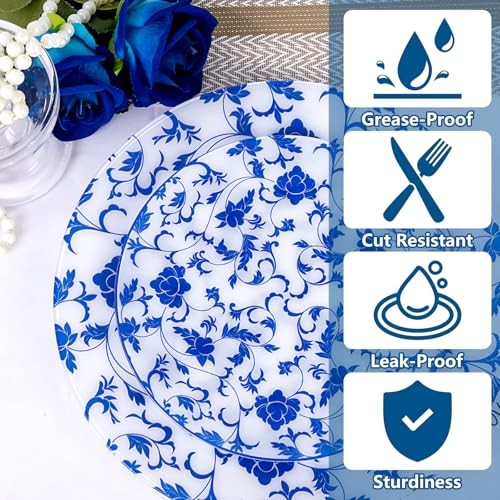 60 PCS Blue Plastic Plates - Blue Floral Plates - Disposable Patterned - Floral