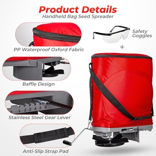 Handheld Seed Spreader with 25lb Bag, Frame Support, Flow Control, Enclosed