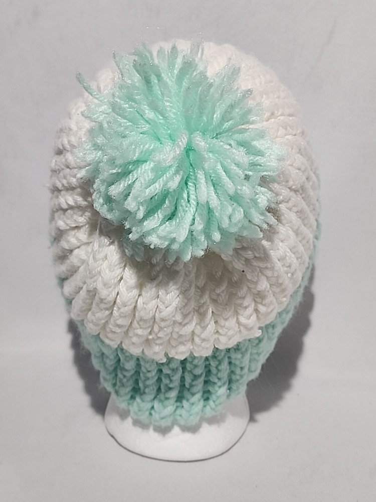 Aqua White Handmade Crocheted Beanie