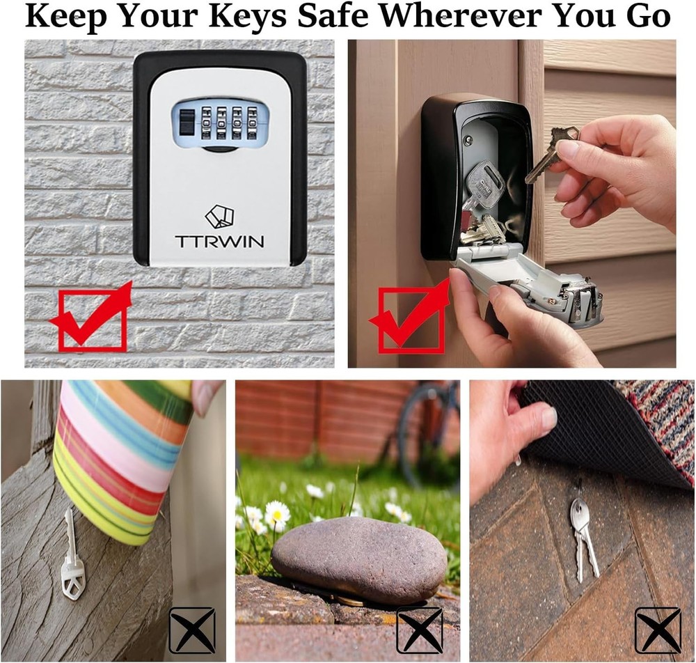 4-Digit Combination Lock Box - Wall Mounted Waterproof Key Safe for House Keys