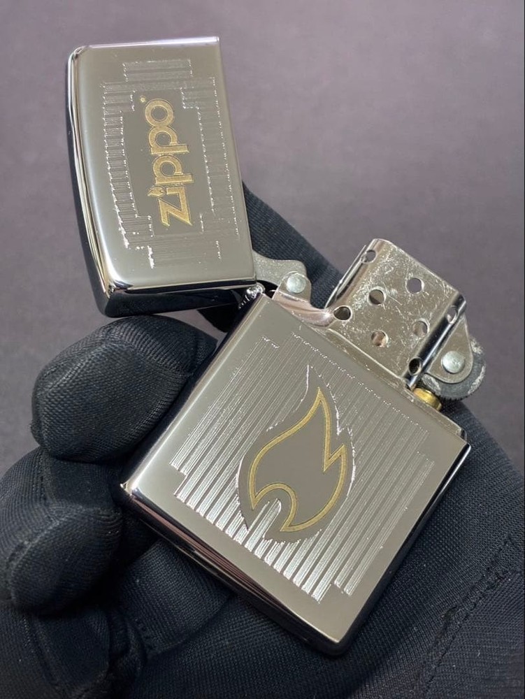 Zippo Fire Etching Engraved Silver One Sided Processing Lighter Regular Japan