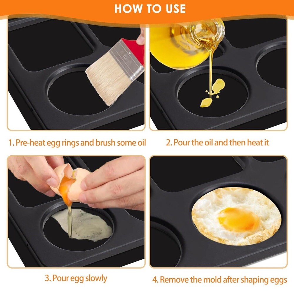 Griddle Egg Ring Tray Non-Stick Egg Ring Molds Square And Round For 6 Eggs