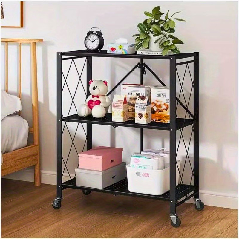 3 Tier Foldable Rolling Storage Cart Metal Organizer with Wheels Utility Shelf