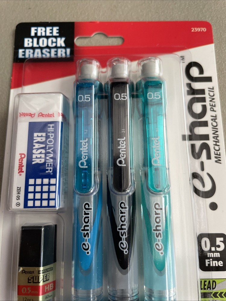 Pentel e-sharp 0.5 mm 3 Automatic Pencils, HB Lead, Eraser Set