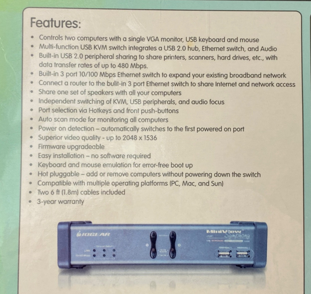 IOGEAR 2-Port Multi-Function USB 2.0 KVM Switch MiniView GCS1772 *NEW SEALED