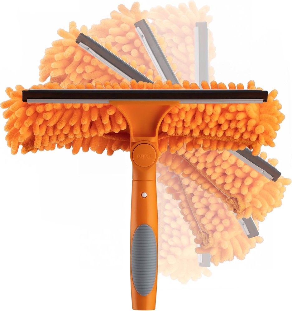 Window Squeegee and Microfiber Scrubber 2-in-1 Combo // Multi-Angle Orange