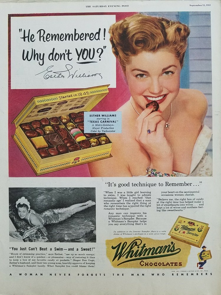 1951 Whitman's chocolate candy sampler box Esther Williams swimming ad