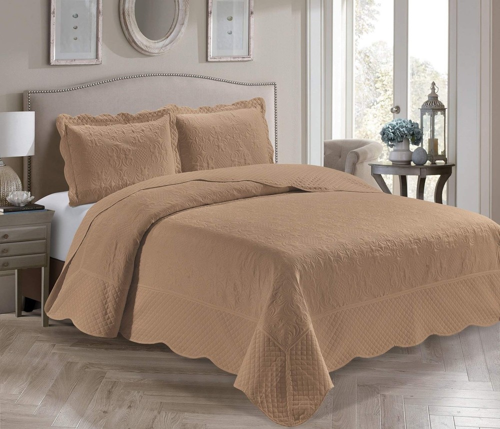 Home Collection 3 Piece Over Size King/California King Embossed Solid Taupe C...