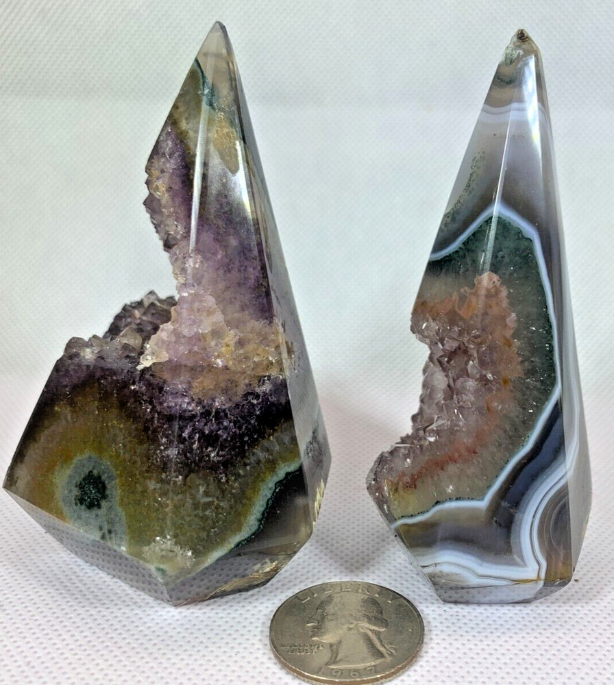 AMETHYST PYRAMID POINTS WITH OPEN CAVES OF CRYSTAL POINTS - NEW DESIGN CUT