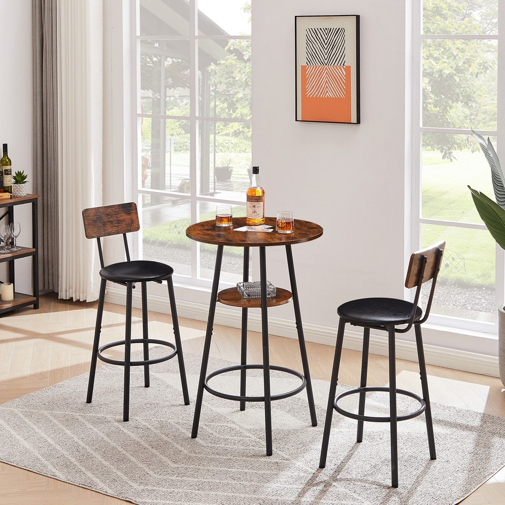 Rustic Brown Upholstered Round Bar Stools - With Shelf