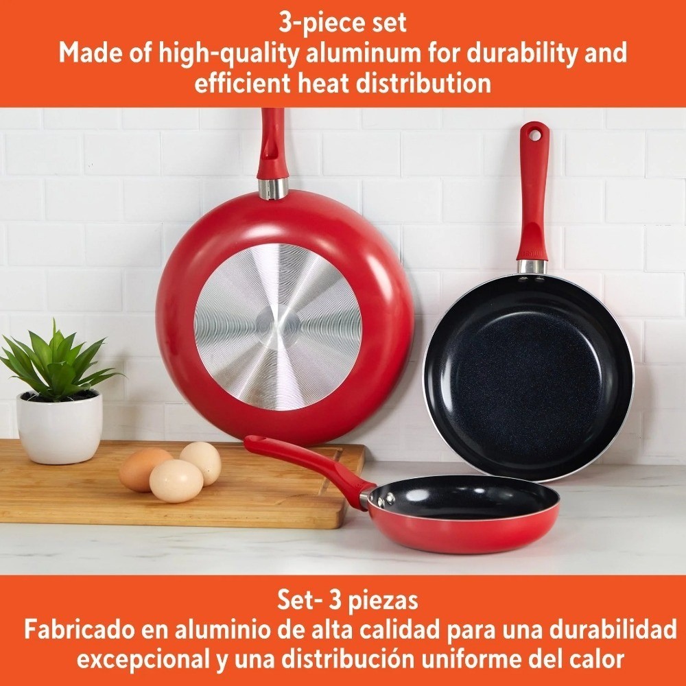 3-Piece Nonstick Ceramic Cookware Set, 7"/9"/11", Red​