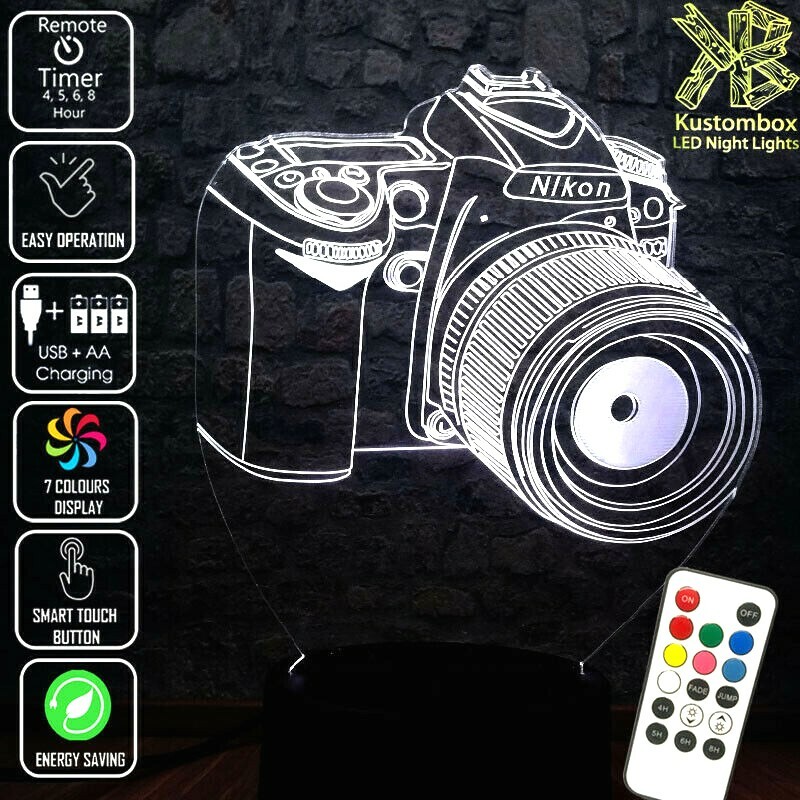 NIKON CAMERA SLR 3D LED BATTERY USB NIGHT LIGHT 7 COLOURS REMOTE CONTROL & TIMER