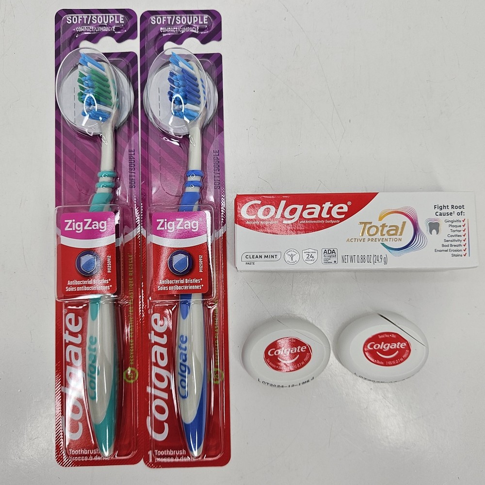 (2) Colgate Zig-Zag Wide Compact Soft Adult Toothbrush w/ Floss & Toothpaste