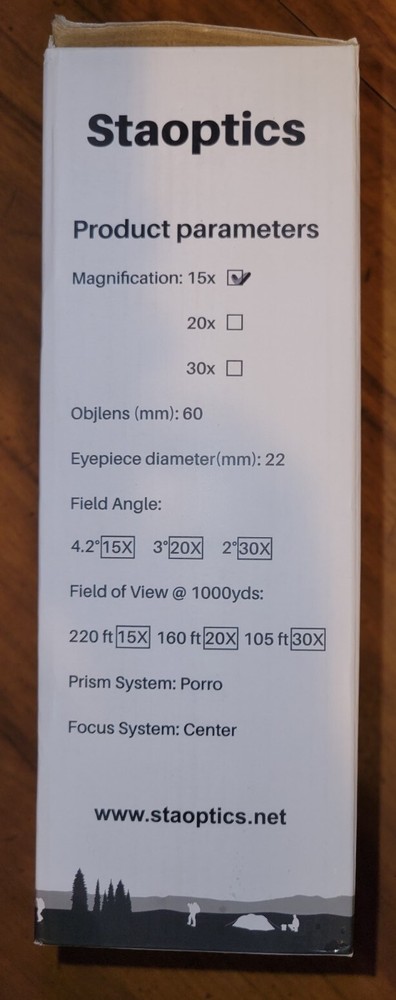 Staoptics 15x60 HD Binoculars. Opened Box. Still in protective bag.