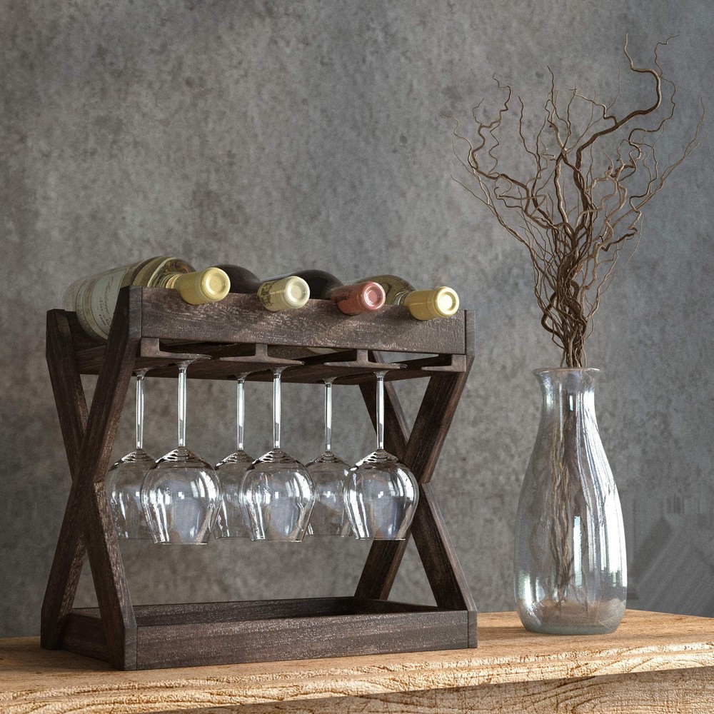 Rustic State Cava Countertop Solid Wood Wine Rack for 4 Bottles and 6 Stemwar...