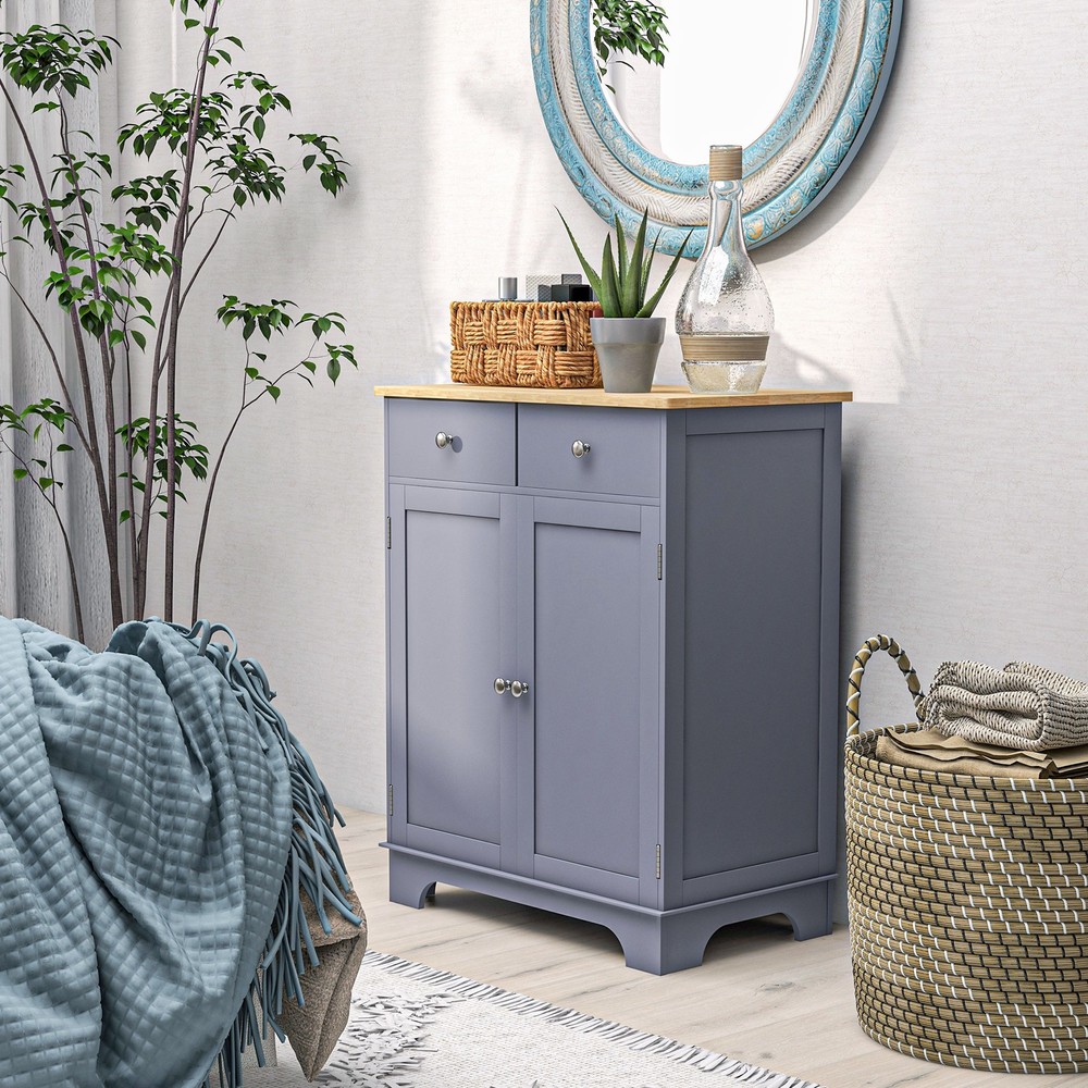 Gray Sideboard Buffet Cabinet 2 Drawers Adjustable Shelf Kitchen Storage