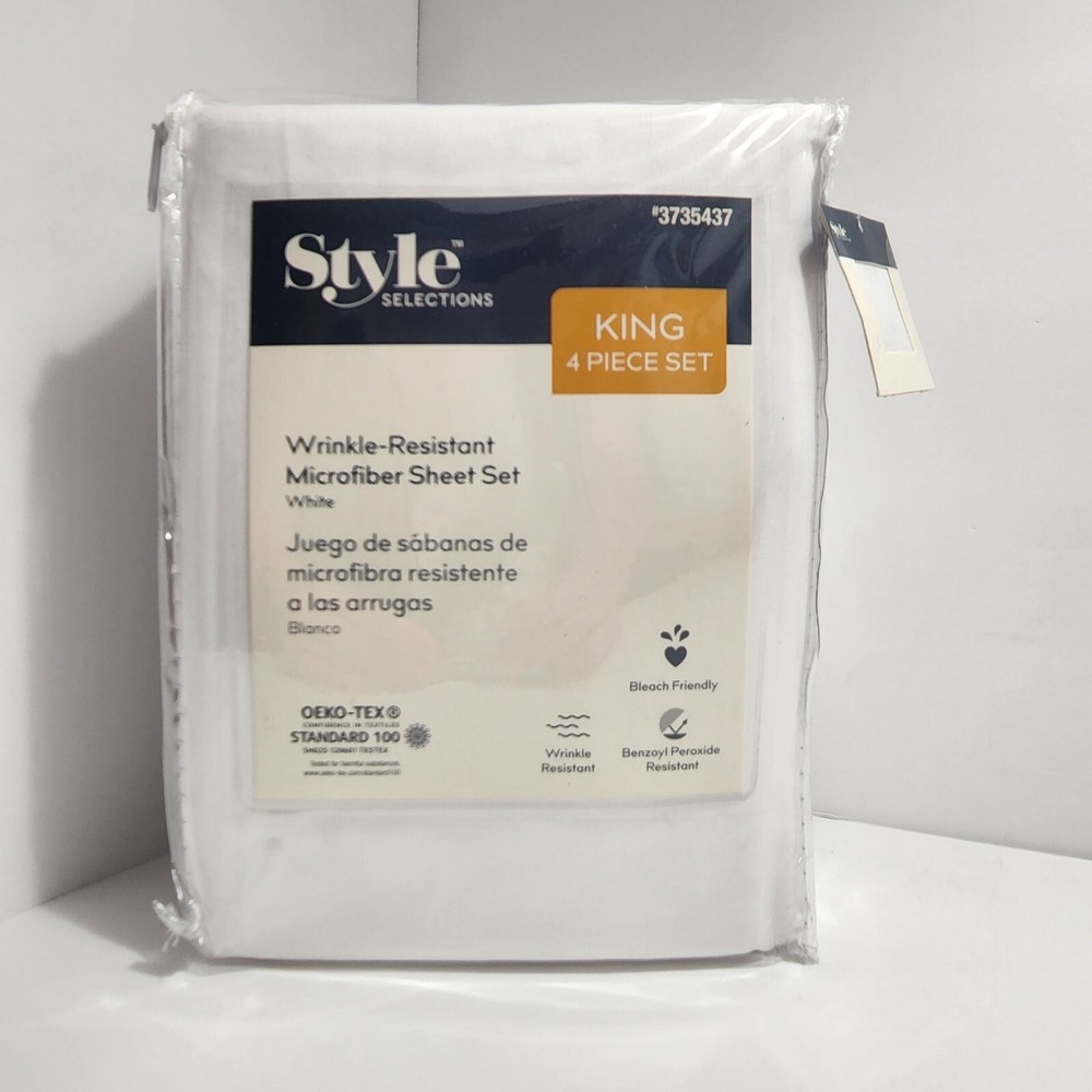 *NEW* Style Selections King White Microfiber Winkle Resistant 4 Piece Sheet Set