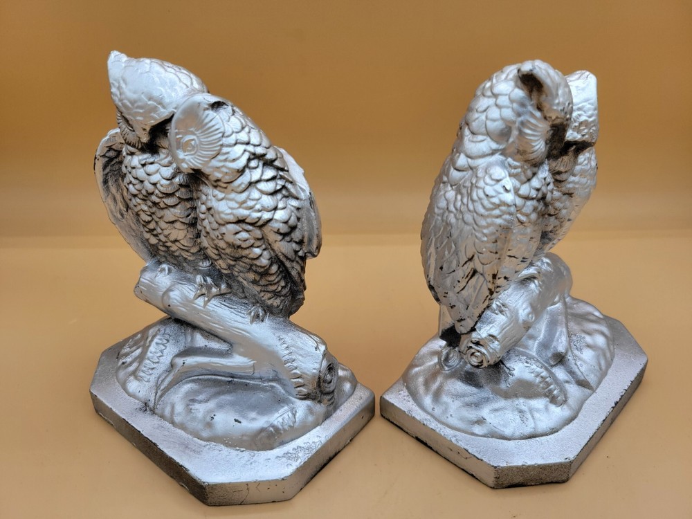 Mid-century Solid Cast Owl Bookends Silver Color