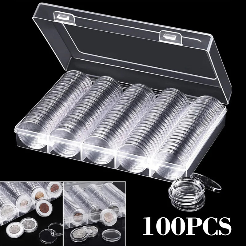 100 Pcs 30mm Clear Coin Capsule Round Plastic Holder Container Storage Box Case
