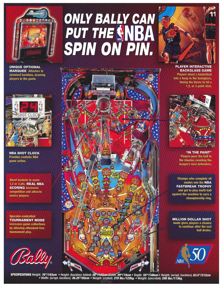 NBA Fastbreak Linked Pinball Flyer / Brochure / Ad - Mint