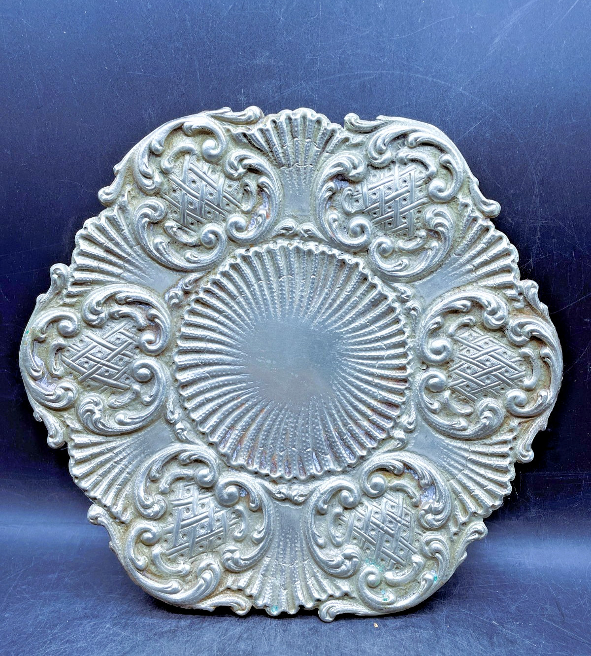 Antique Silver Plate Footed Plateau Stand Tray Ornate Edge, Display