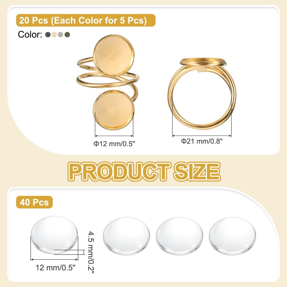 20Pcs Ring Base Blank, 12mm Ring Blank Base with 40Pcs Cabochon(Silver/Gold)