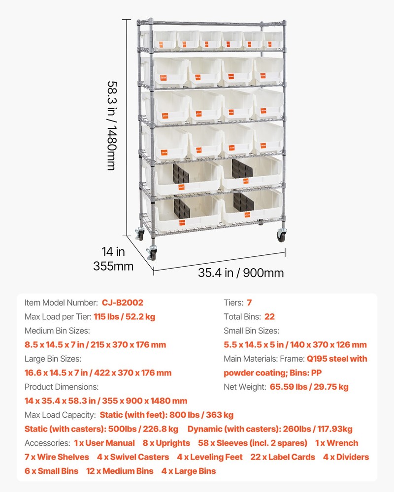 VEVOR Rolling Bin Storage Rack 7-Tier Bin Rack Storage System with 22 Bins