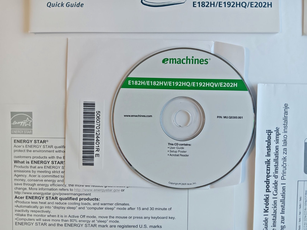eMachines Quick Guide Manual 2009 w/ CD ROM & Doc. Package E182H / 192HQ / E202H