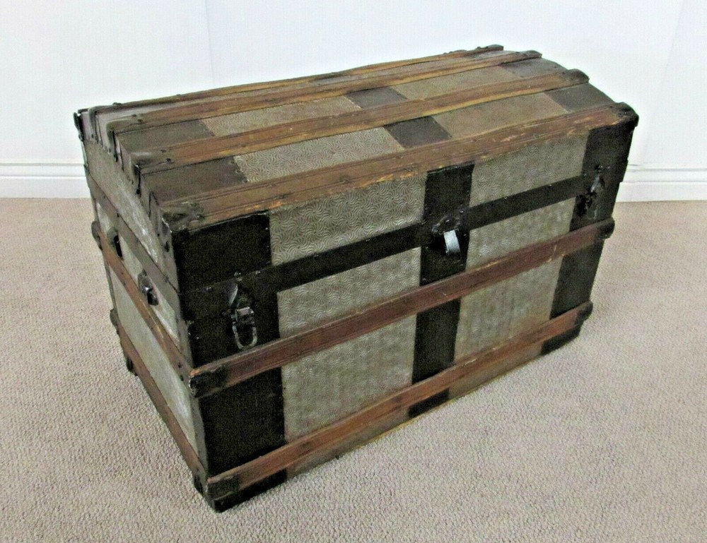 ANTIQUE DOME TOP STEAMER TRUNK, CHEST, EMBOSSED TIN