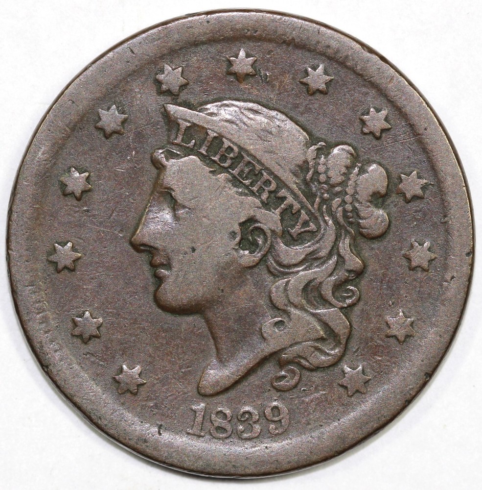 1839 1c Silly Head Coronet or Matron Head Large Cent