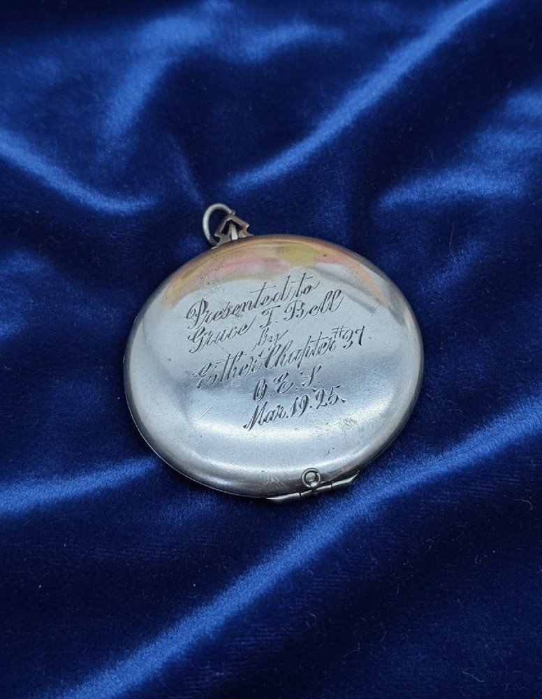 Antique Large Locket Sterling OES Round Engine Turned Shield Inscribed 1925