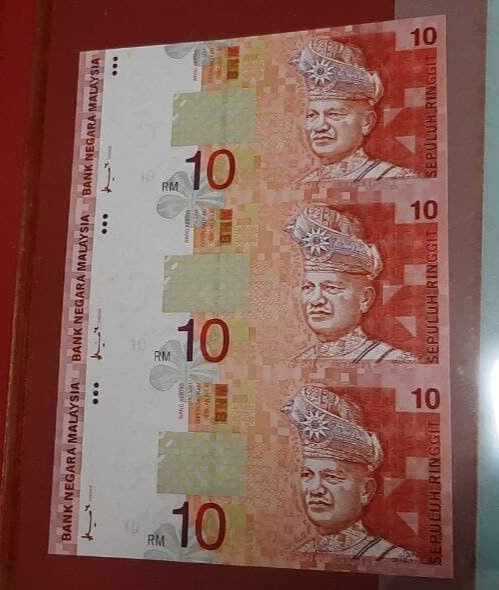 Malaysia uncut sheet 3 in 1 banknote 1997 10 ringgit UNC don