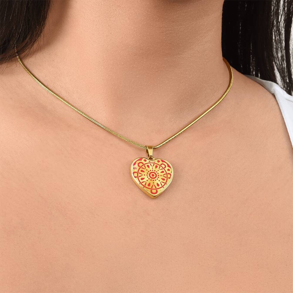 Graphic Heart Pendant + Necklace - Circular Floral Pattern