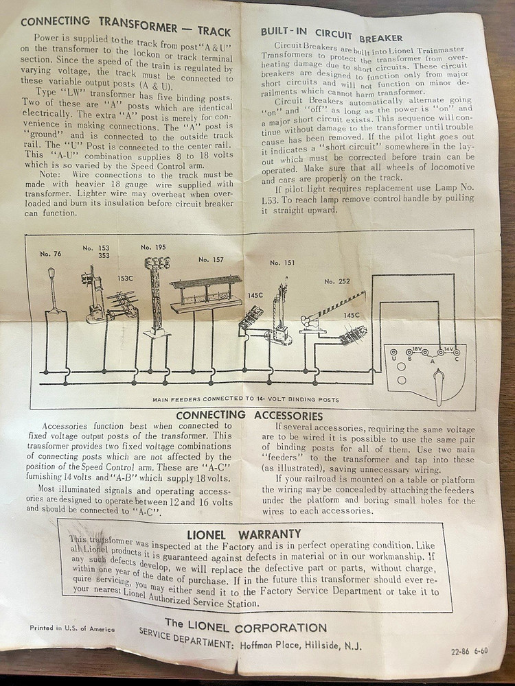 LIONEL LW MULTI CONTROL TRANSFORMER INSTRUCTION Dated 6/60 Postwar