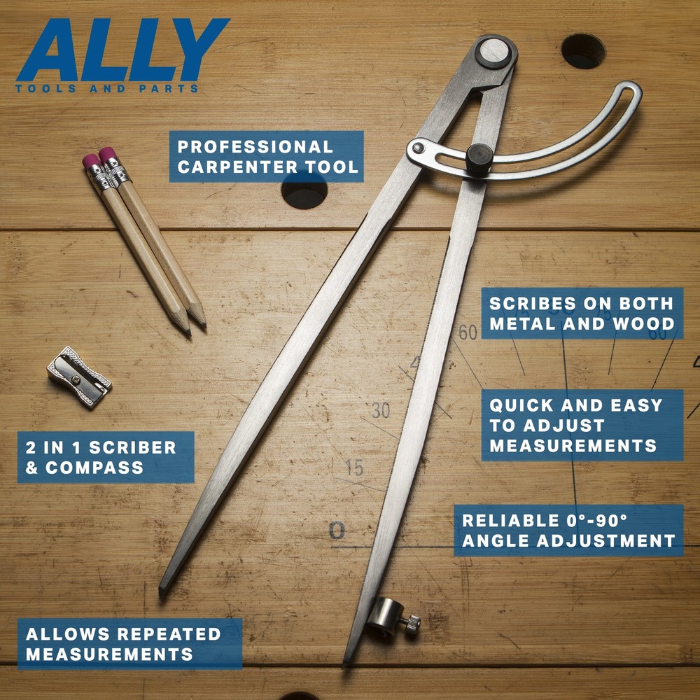 ALLY Tools 12 Inch Precision Locking Wing Divider/Woodworking Compass with Pe...