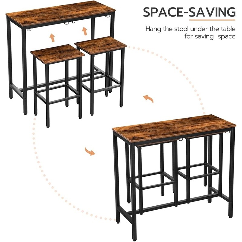 Space Saving Bar Table Set W/ Hangable Stools Dining Kitchen & Breakfast New
