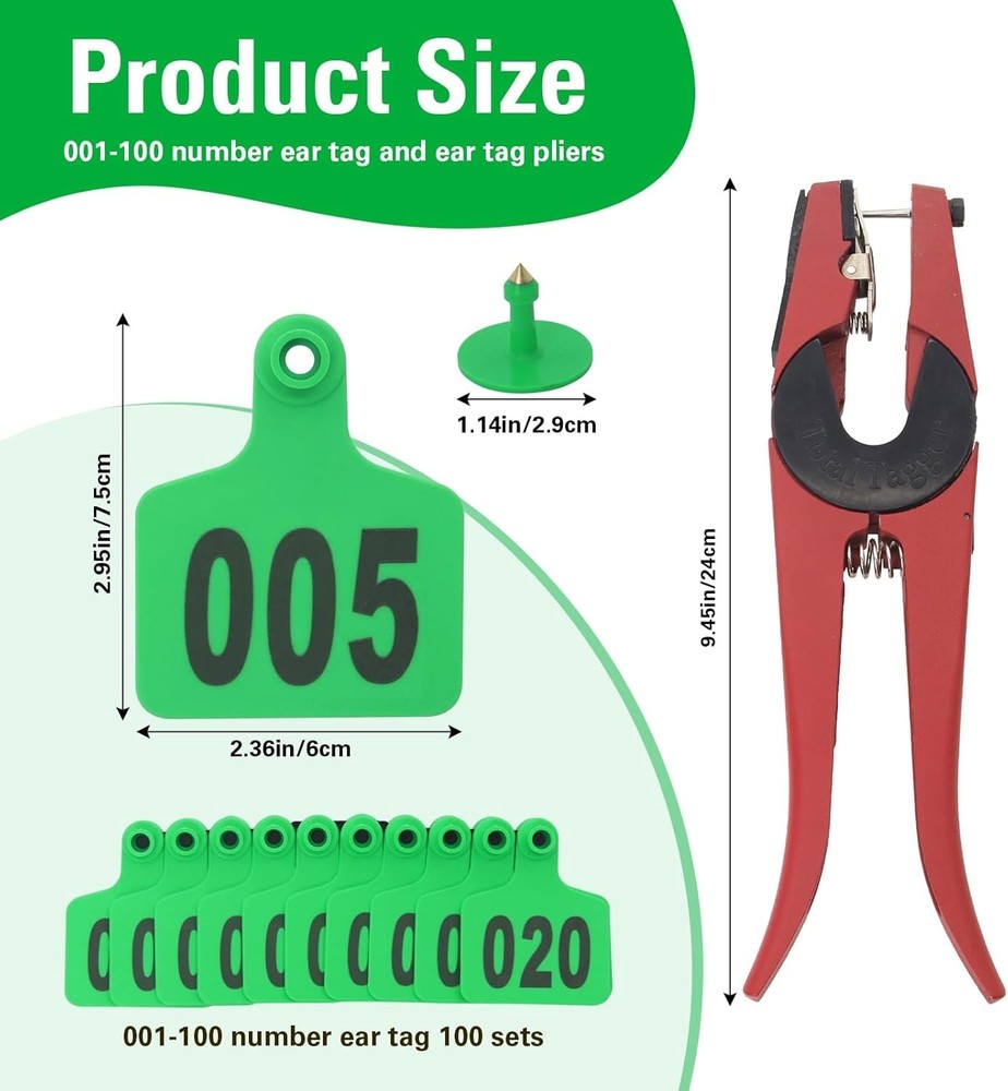 Essential 100 Piece Green Cattle Ear Tags Set with Flexible Applicator Tools