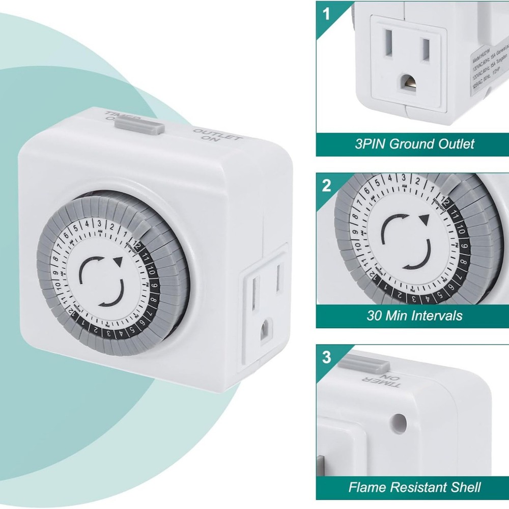 2 Pack 110-125V 3-Pin Outlet Timer For Lamp Control 24-Hour Programmable Switch