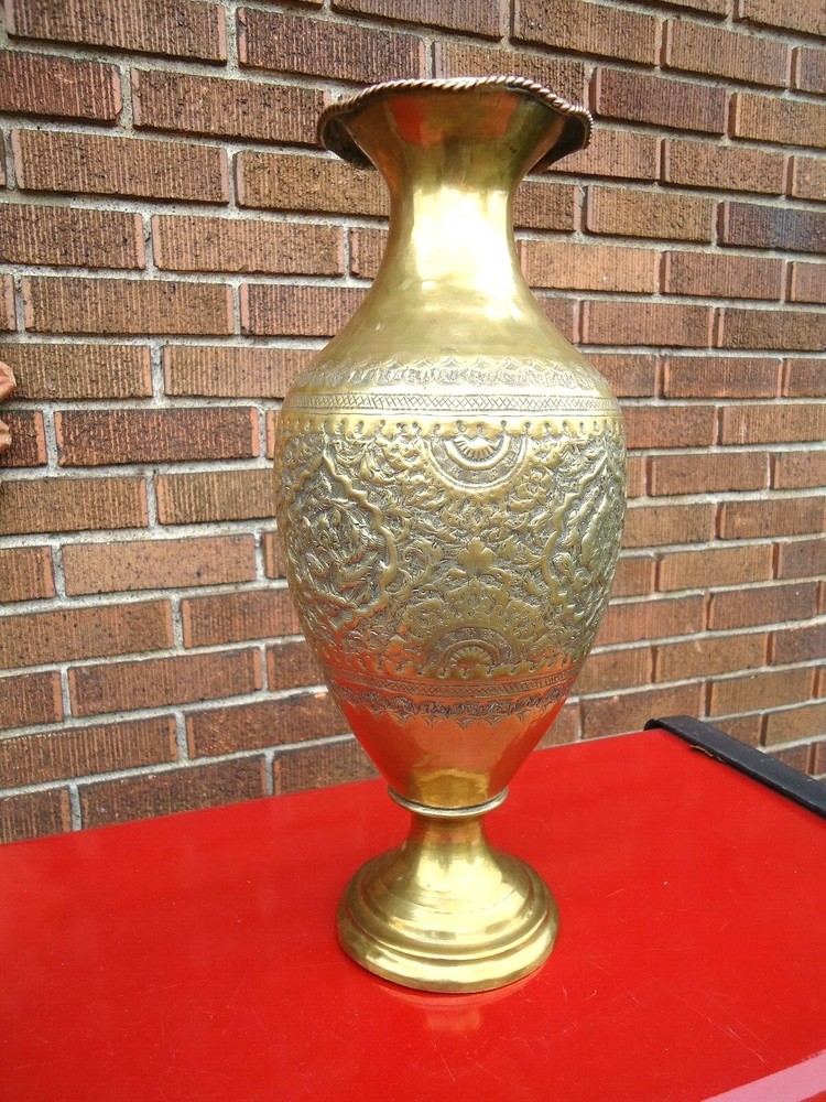 MIDDLE EASTERN BRASS VASE / URN REPOUSSE & CHASED 14 1/4 "
