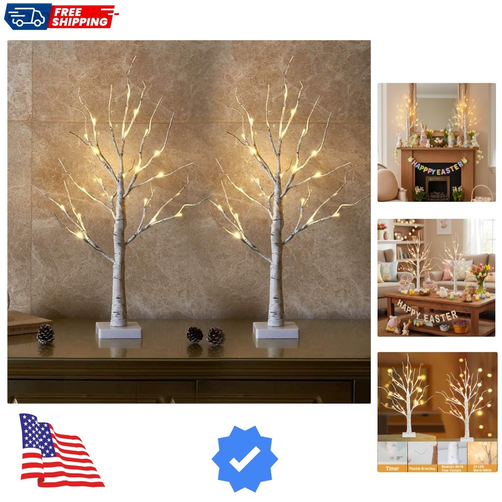 Lighted Birch Tree Easter Decorations for Home, 2Pack 24 LED Battery Operated...