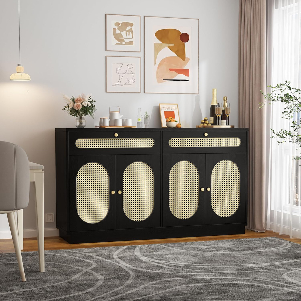 60'' Rattan Buffet Sideboard with 2 Drawers and Adjustable Shelves