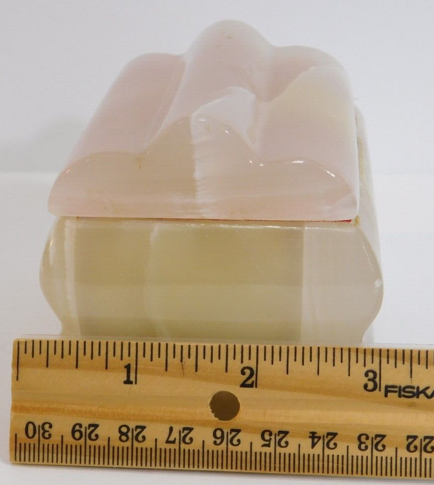 Alabaster Carved Rectangular Box Natural Stone 4" by 3" Hinged Velvet Lined
