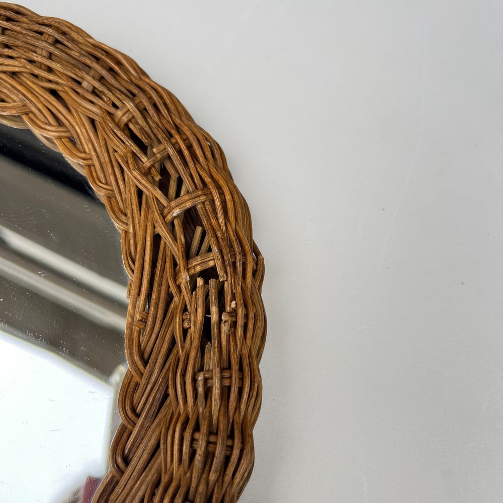 Wicker Hand Woven Boho Handheld Hanging Loop Vanity/Bathroom Mirror Vintage 1970