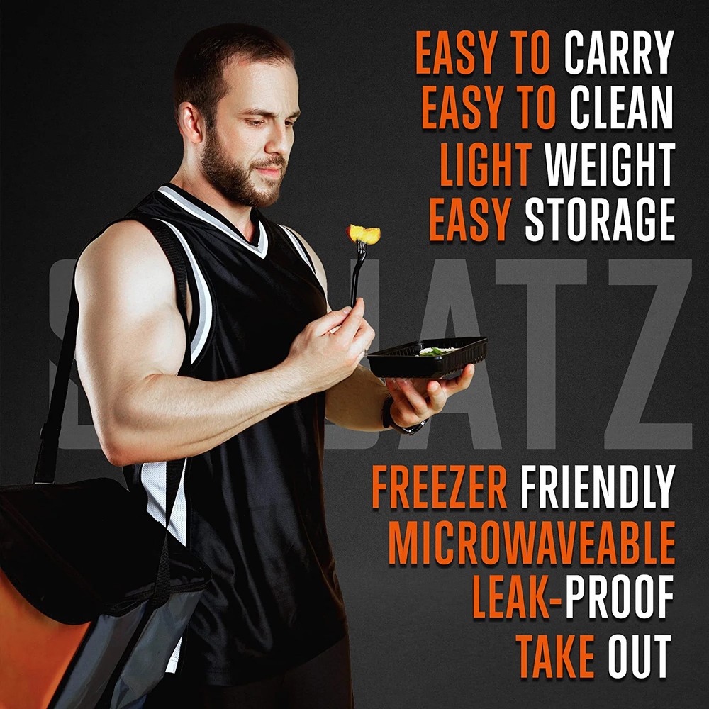 Microwavable Food Container W/ Utensil Set Black Rectangular Meal box storage W/