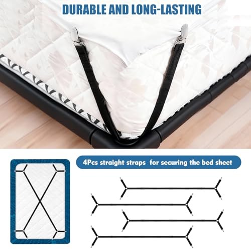 4Pcs Bed Sheet Straps with Metal Clips, Sheet Holders Adjustable Elastic, Bed