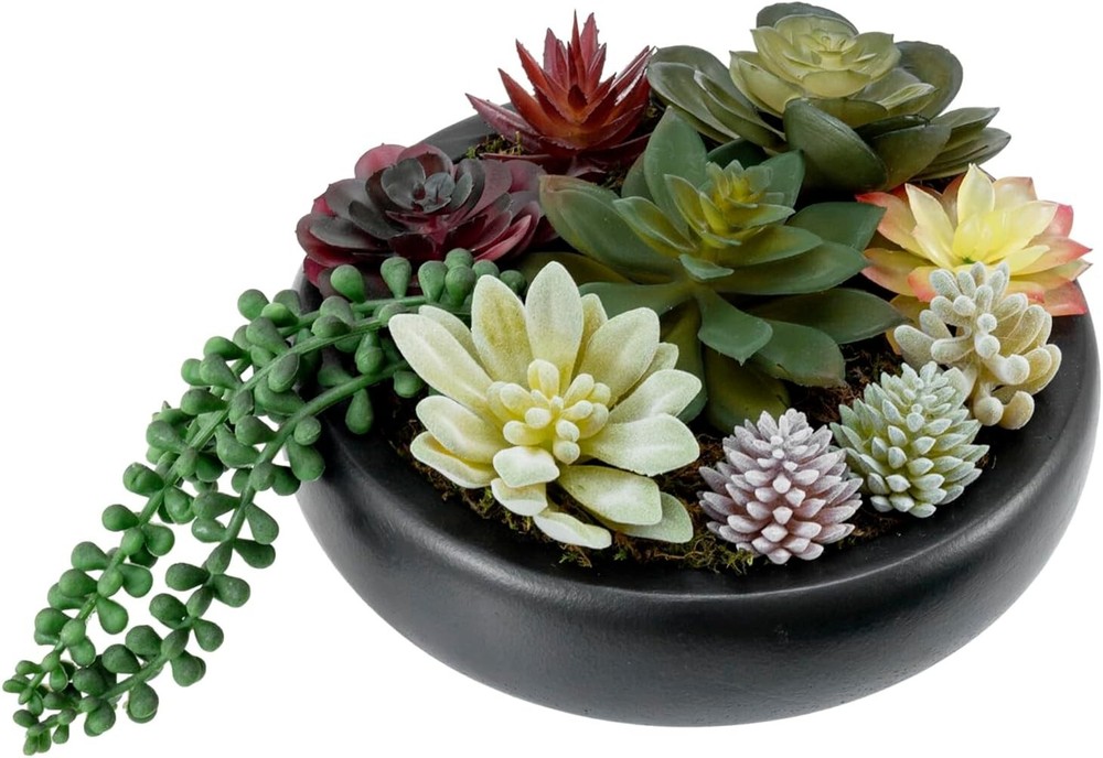 Tabletop Black Round Concrete Planter Bowl, Artificial Succulent Plant Container